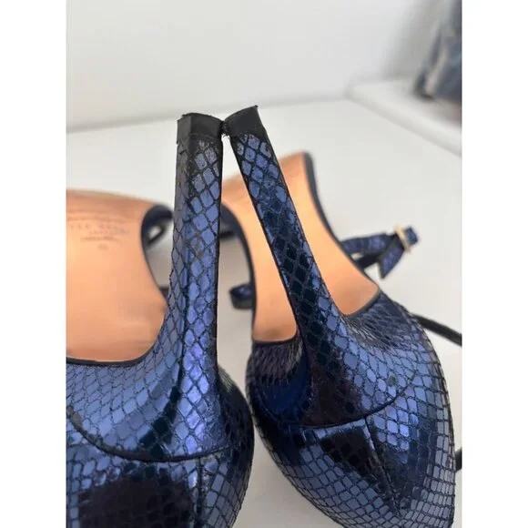 Ted Baker Heels 38 / US 7.5 Navy Strappy Heels Square Toe Ankle Strap Old Money - Picture 2 of 16